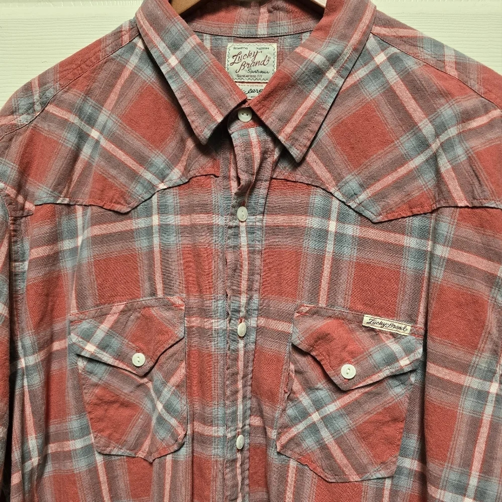 Lucky Brand Shirt Mens 2XL Red Plaid Western Pearl Snap Button Short Sleeve - Picture 3 of 11